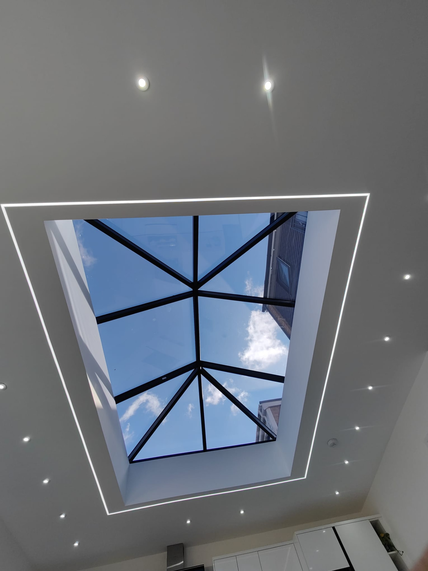 Completed kitchen extension roof lantern with LED strip lighting, Leeds