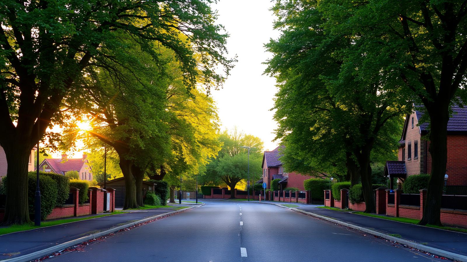 Tree-lined residential street in Adel, north Leeds, at golden hour
