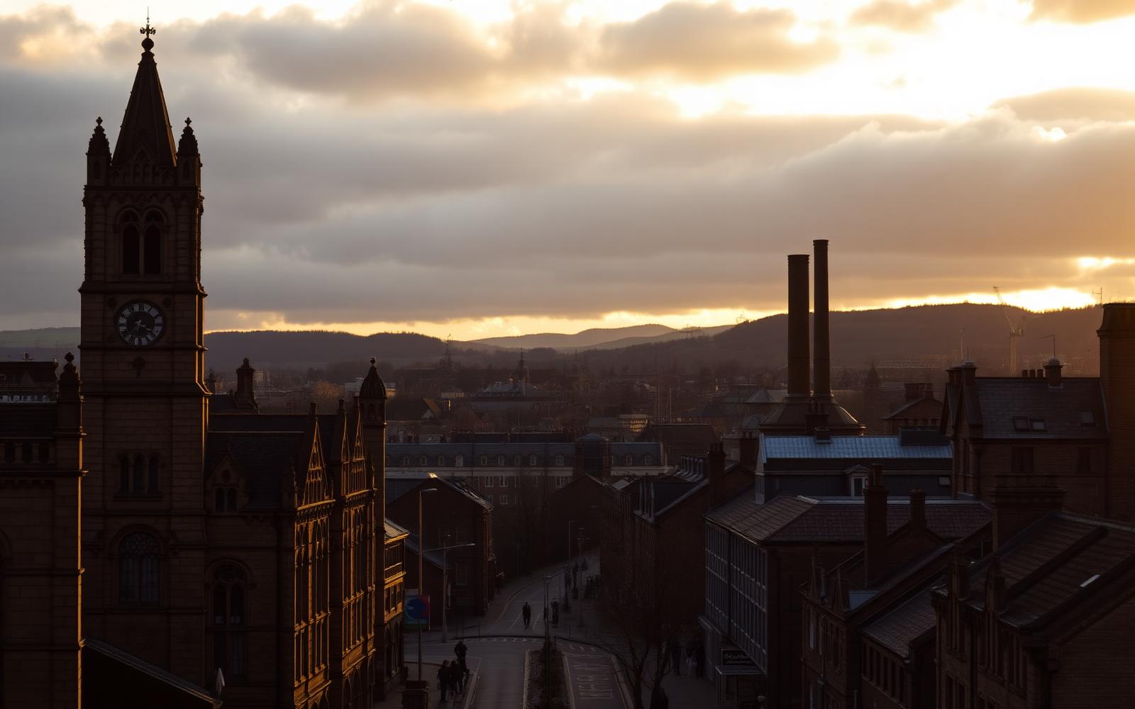 Bradford Victorian gothic sandstone architecture with mill chimneys and Yorkshire hills