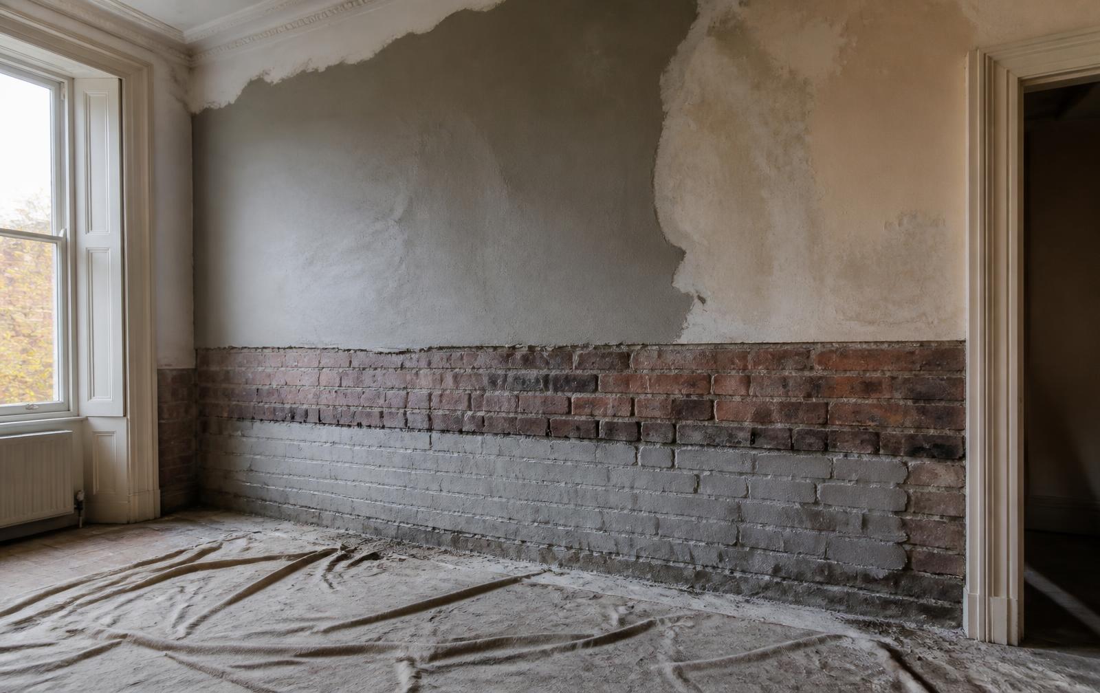 Interior wall stripped to brickwork with new damp-proof course and fresh salt-neutralising render, Leeds