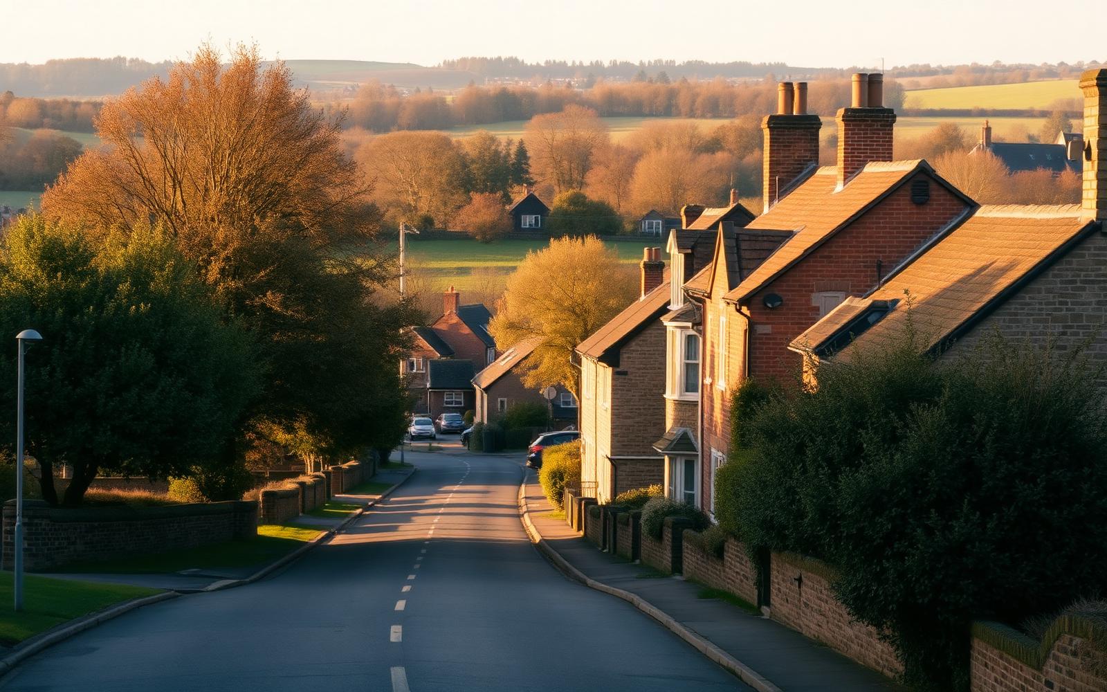 Garforth village street with red-brick houses and Yorkshire countryside