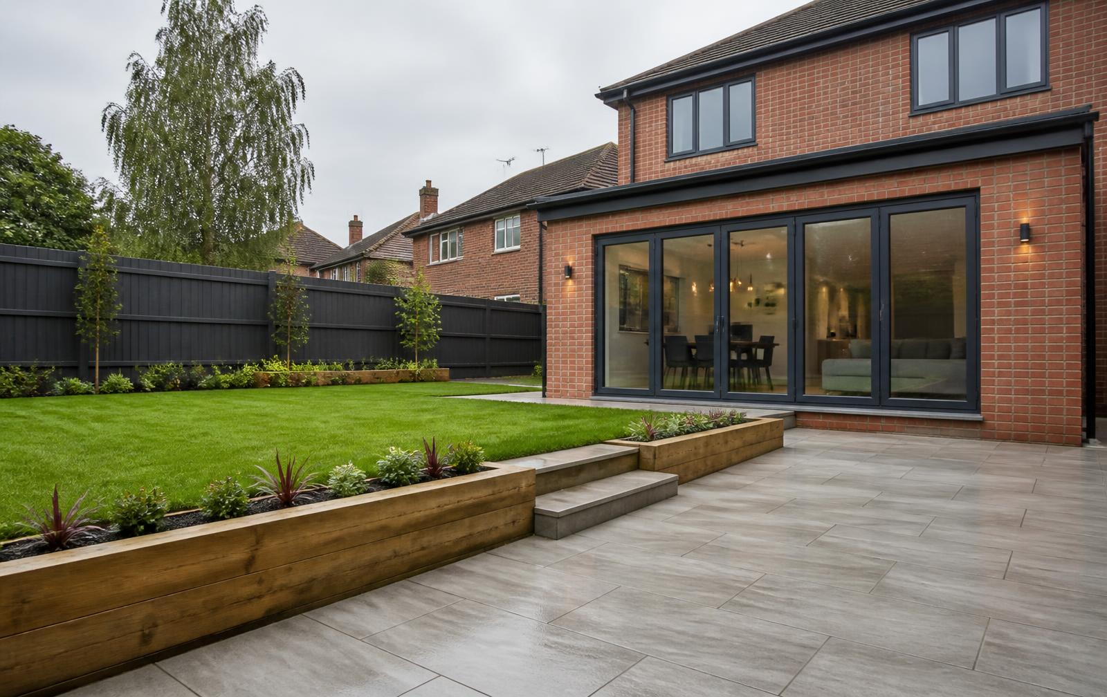 Finished porcelain-paved patio, timber sleeper planters and level lawn behind a modern Leeds rear extension