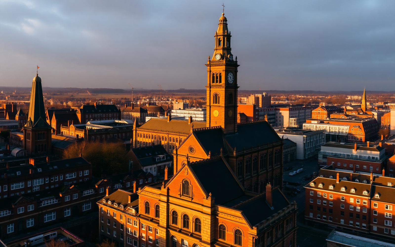 Leeds city centre skyline at golden hour with Victorian civic architecture