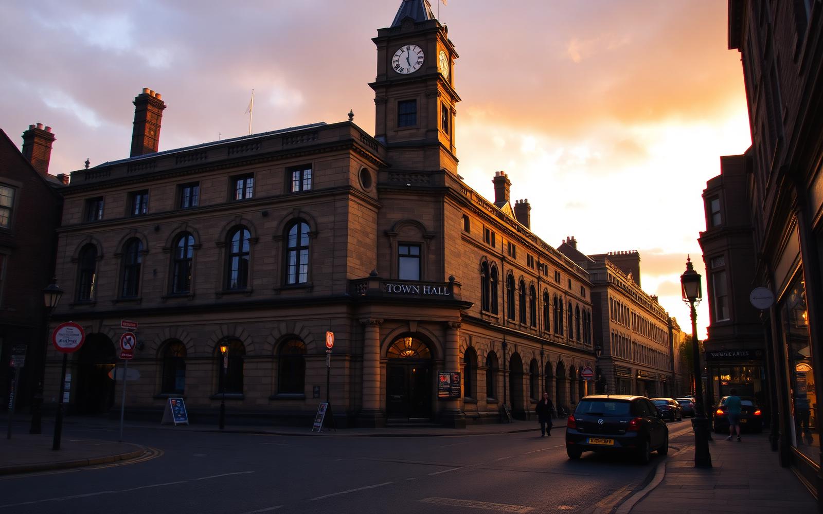 Morley Town Hall Victorian sandstone building with clock tower at sunset