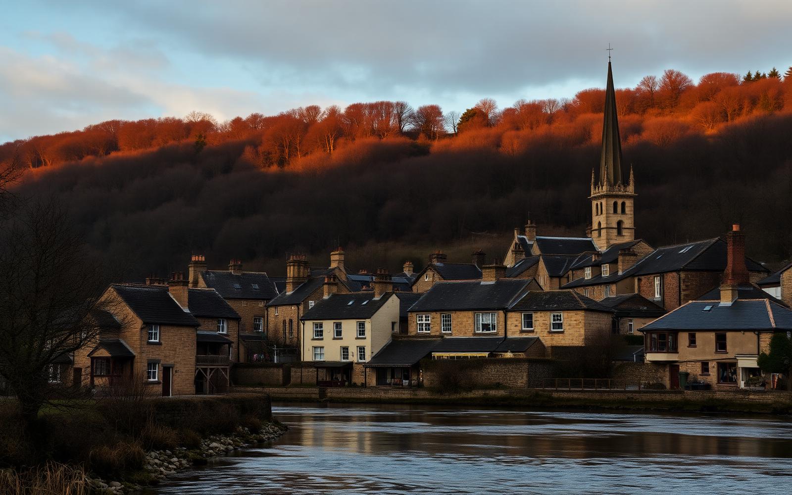 Otley market town with the wooded Chevin hillside and church spire