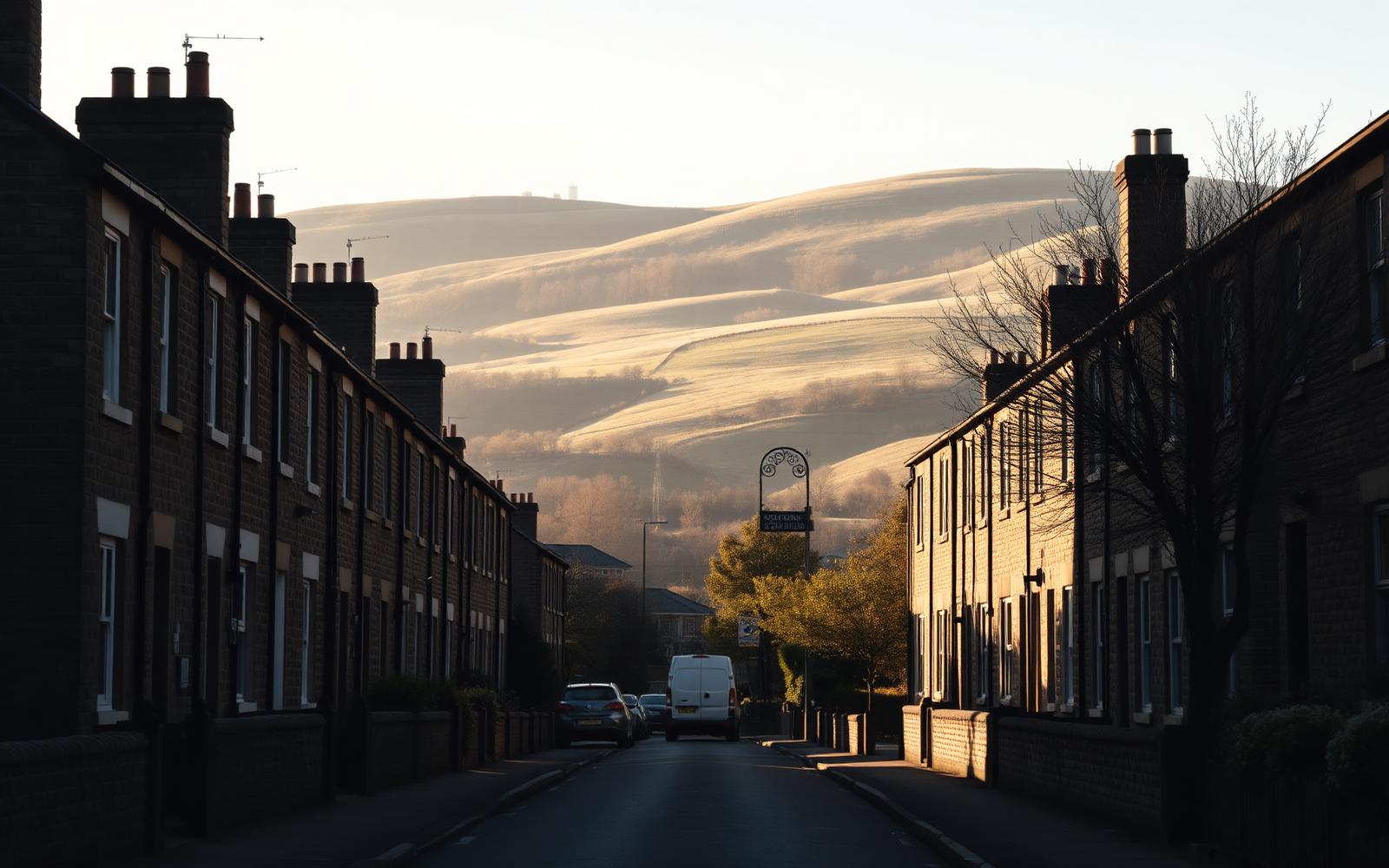 Pudsey Yorkshire stone terraced houses with rolling hills beyond