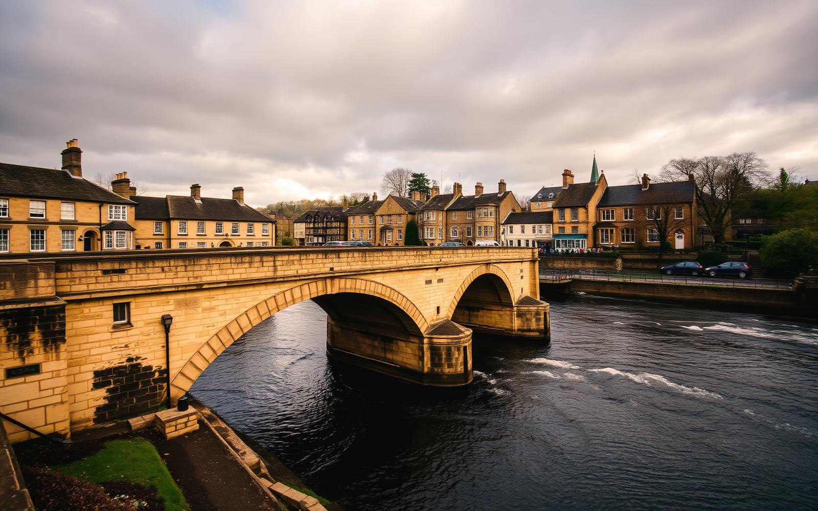 Wetherby stone bridge over the River Wharfe with Georgian sandstone buildings